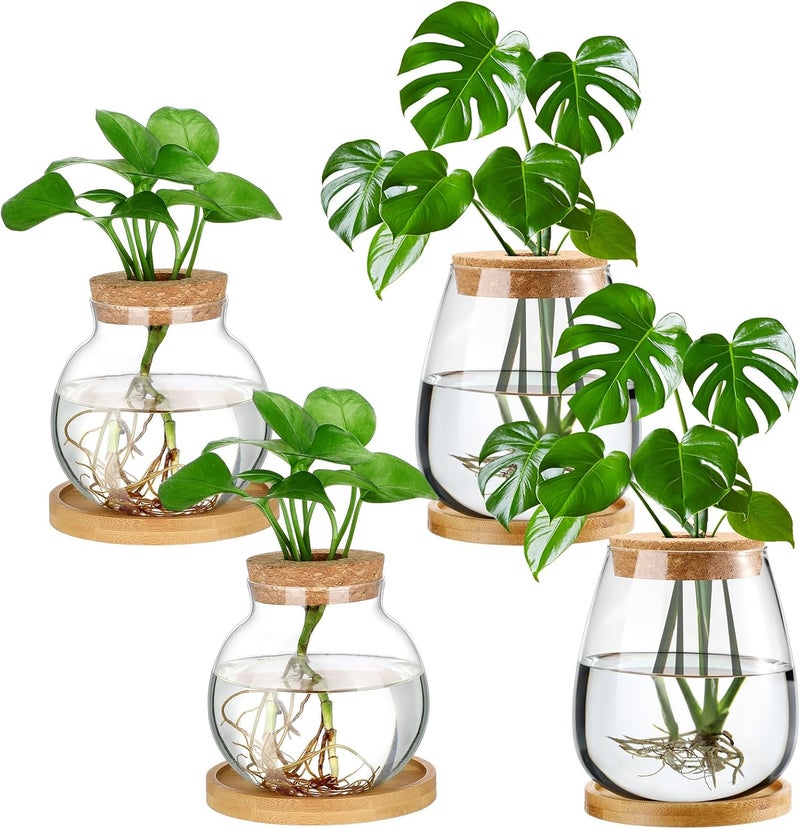 Layhit 4 Pcs Plants Propagation Stations vases Glass Planters with Wooden Lid and Bamboo Stand for Hydroponic Plants Gardening Gifts for Women Mom Home Office Tabletop Decoration(Lovely Style) - Image 1